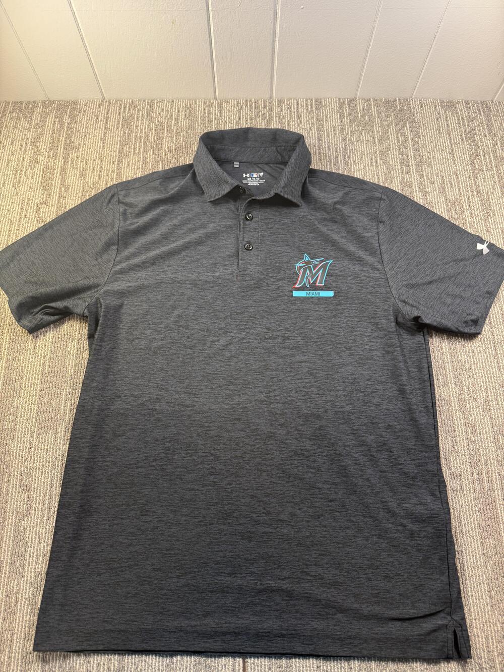 Miami Marlins Shirt Mens Medium Gray MLB Baseball Under Armour HeatGear Polo